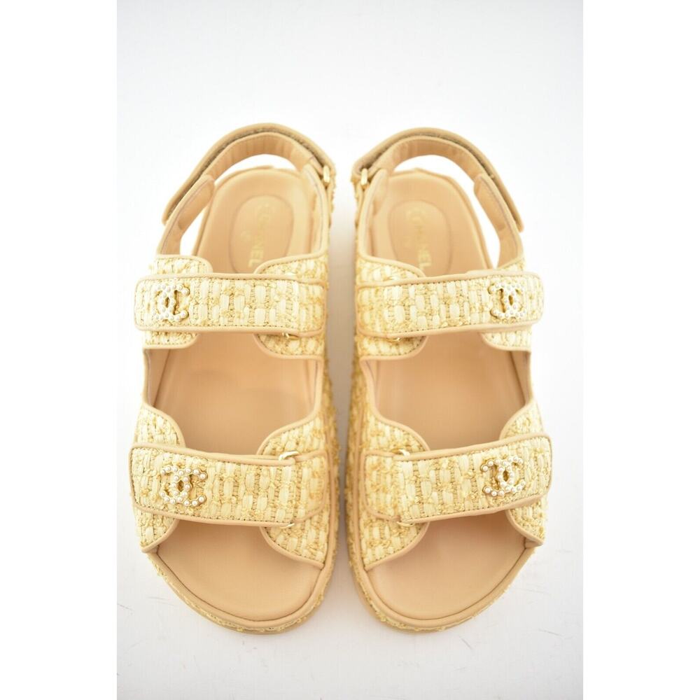 Chanel 21C Beige Raffia Pearl CC Logo Mule Slide Strap Flat Teva Dad Sandal 36 - Picture 7 of 12